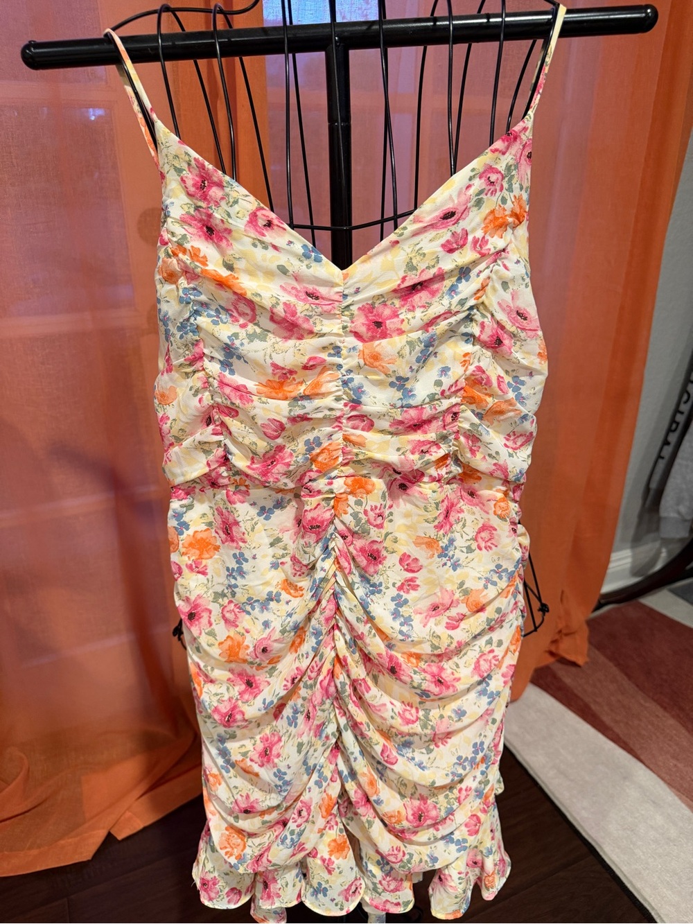 Astr Floral Smocked Spaghetti Strap Dress in Yellow, Pink & Orange